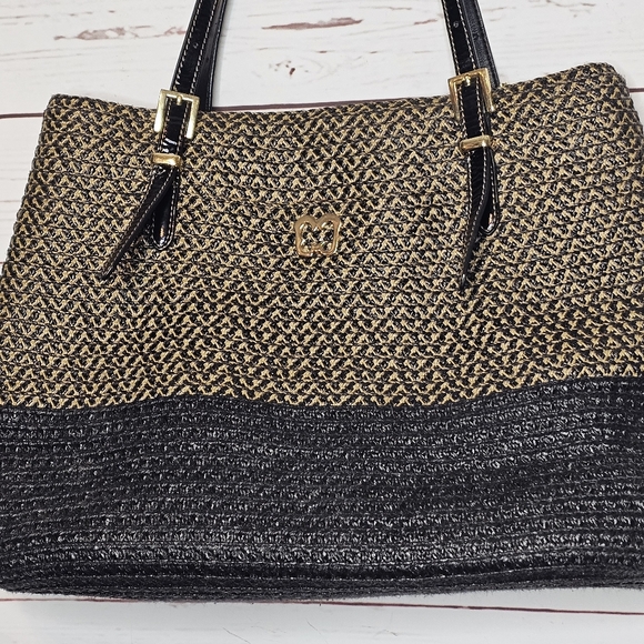 Eric Javits Brown and Black Signature Pattern Rafia Handbag - Picture 3 of 16